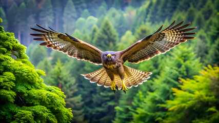 Fototapeta premium a hungry hawk soaring high above a dense forest