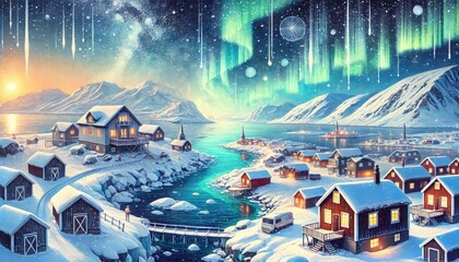 Obraz premium An winter scene of Svalbard archipelago, with snow-covered islands, frozen waters to cozy, warmly lit cabins