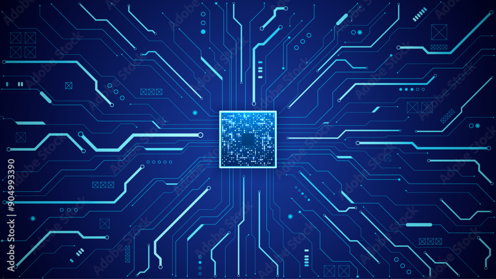 Poster Abstract CPU chip with glowing pixels on technology circuit board. Digital semiconductor or computer processor on a motherboard. Tech bg. Electronic and Computer concept. Light vector illustration