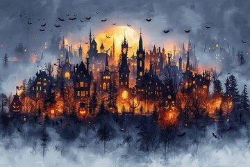 Fototapeta premium Isolated Halloween City Panorama on White Background: High Contrast Visuals