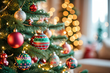 Christmas tree adorned with colorful ornaments and twinkling lights, set against the backdrop of a cozy room with a window allowing natural light to enter.