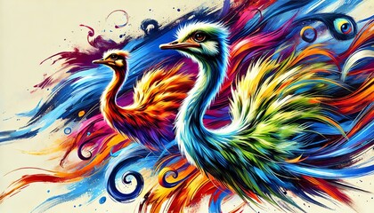 An abstract dynamic and vivid painting of two ostriches