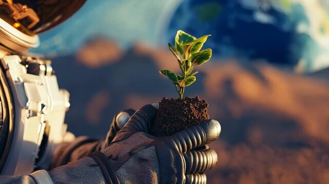 Astronaut holding a plant in space. Agriculture, ecology and sustainability. Human space travel and planet colonization concept. Science fiction animation