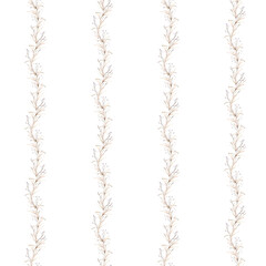 Seamless pattern with light round violet flowers. Watercolor hand painting illustration on isolated Wallpaper with herbs and dried branches. Botanical floral autumn composition pastel color.