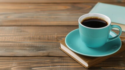 Obraz premium A cozy scene featuring a turquoise coffee cup filled with black coffee, resting on a wooden table next to a book.