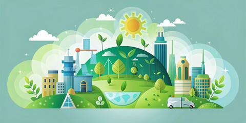 Naklejka premium n illustrated banner representing ecological concepts and environmental sustainability, featuring elements like wind turbines, solar panels, trees, and the Earth