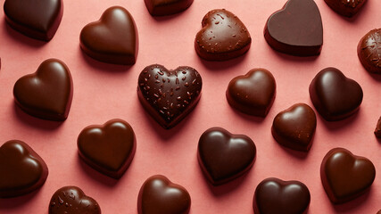Fototapeta premium An array of heart-shaped chocolates in dark and milk varieties displayed on a pink background, ideal for romantic occasions.
