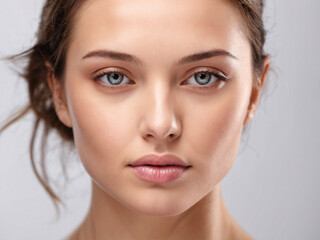 Obraz premium Close-up of a serene young woman with flawless skin, neutral gray background, portraying a sense of calm and purity.