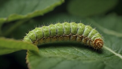 Green Caterpillar on Leaf with Detailed Texture and Natural Setting