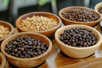 Fototapeta premium A variety of coffee beans displayed in wooden bowls, showcasing different colors and textures for coffee lovers.