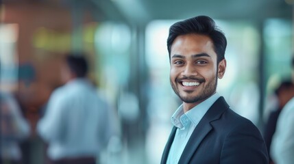 Fototapeta premium Portrait of a handsome smiling asian indian businessman boss in a suit standing in his modern business company office. his workers standing in the blurry background