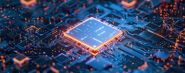 Closeup of a semiconductor chip surrounded by complex data visualization graphs, chip and data, data processing power and analytics