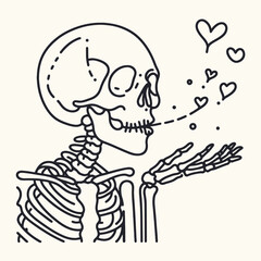 Fototapeta premium Skeleton blowing kisses Valentine Silhouette Cute Doodle Cartoon Line Art Vector Clipart illustration