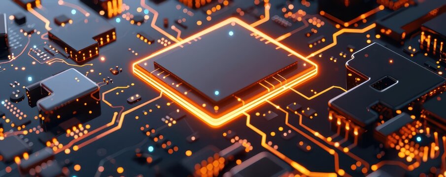 Closeup of a semiconductor chip surrounded by complex data visualization graphs, chip and data, data processing power and analytics