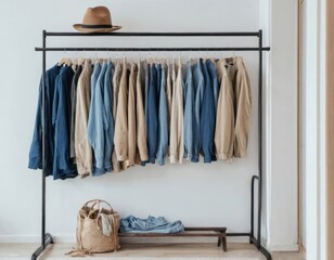 minimal rack with blue beige color palette male clothes on hangers. Open closet, dressing room for wardrobe at white wall bachelor's apartment interior. Man outfits store.