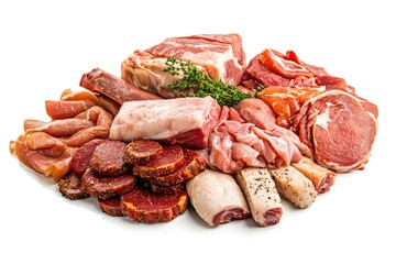 Meat assortment, different raw meat isolated on white background, full depth of field , ai