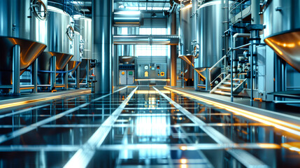 Cutting-edge equipment and stainless steel tanks reflect the innovation behind modern brewing processes in a high-tech production environment