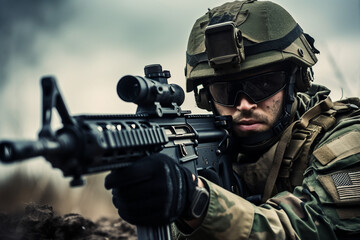 Fototapeta premium Portrait of a male equipped soldier in military uniform with weapon