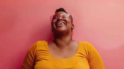Obraz premium studio portrait of confident overweight happy black woman embodying body positivity and a positive attitude