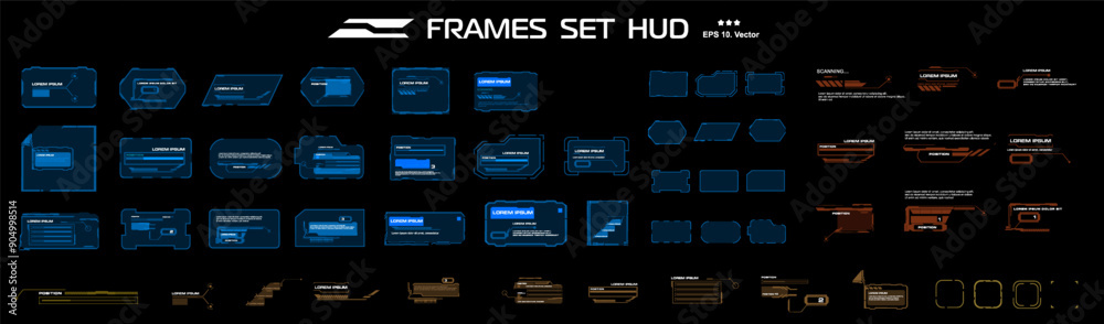 Poster set modern frames, blocks and pointers. windows and frames for the hud user interface. frames with i