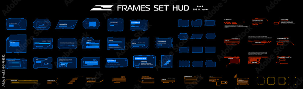 Poster Set modern frames and blocks. Windows and frames for the HUD user interface. Frames with information and data. Graphic modern HUD interface elements. Vector templates with frames