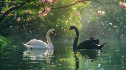 Black & White swan with reflection on water on the background lake trees