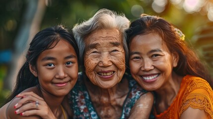 Fototapeta premium Three generations of Asian women smiling in a family portrait, embracing the power of family bonds and togetherness