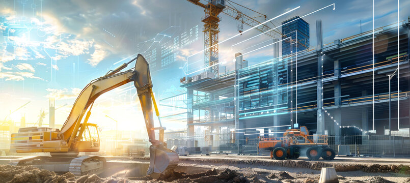 Excavator at construction site, digital screen shows project progress with futuristic vision of building