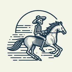  Skeleton riding a ghost horse Silhouette  Cute Doodle Cartoon Line Art Vector Clipart illustration 