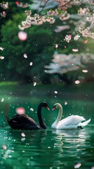 Black & White swan with reflection on water on the background lake trees