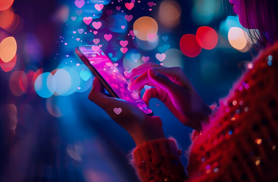 Person using a social media marketing concept on mobile phone with notification icons of like, message, comment and star above smartphone screen