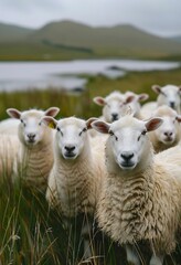 Fototapeta premium A herd of sheep standing on top of a lush green field