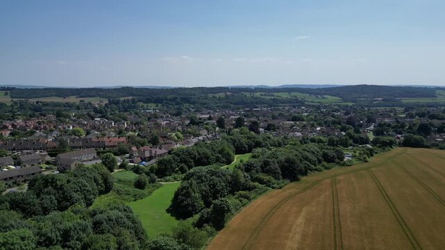 Sherborne, Dorset, England: DRONE VIEWS: Shows the north-west of the town of Sherborne including houses and roads. Sherborne is an affluent market town and popular UK tourist destination (Clip 2).