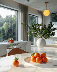 Elegant dining room with large window and forest view, beautifully furnished and decorated