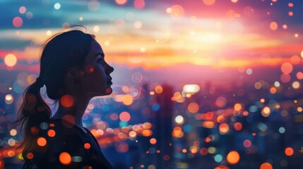 Fototapeta premium Young woman portrait on blurred city and sky background, person silhouette and urban lights at sunset. Concept of business, people at night, office building, multiple, think,
