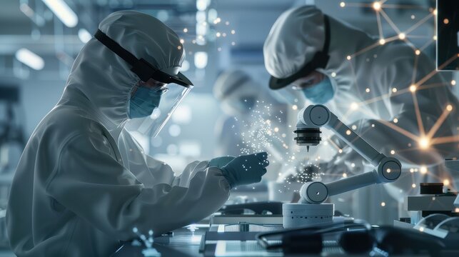A 3D rendering of a scientist and a robot working together in a cleanroom environment, focusing on the arrangement of ions in a semiconductor