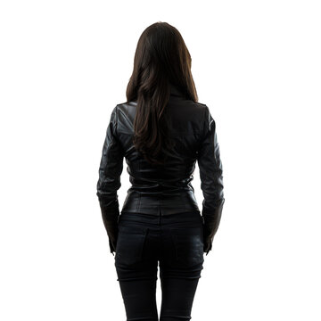 recommend clip art: Woman with long dark hair is standing with her back to us, wearing a black leather jacket and jeans