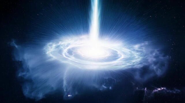 Quasar emitting bright beam in deep space. Cosmic phenomena. Galaxy and universe exploration concept. Travel through outer space. Science fiction