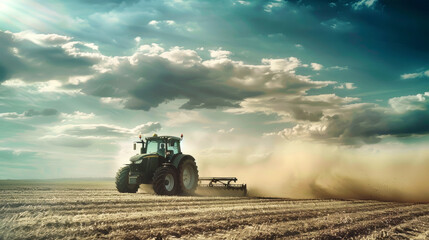 Obraz premium A powerful tractor cultivates a sunlit field, kicking up dust as it works the rich soil beneath a breathtaking sky filled with dynamic clouds