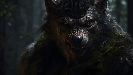 Naklejka premium Intense Werewolf Portrait with Fierce Expression and Dramatic Lighting