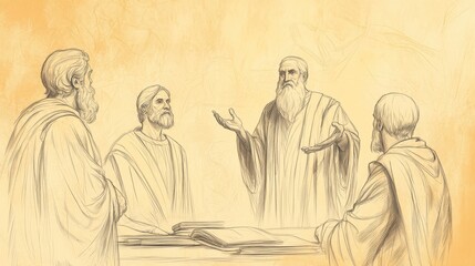 Fototapeta premium Moses Explaining God's Laws to New Judges, Jethro Nodding Approvingly in Background - Biblical Illustration, Bible Wall Art, Beige Background - Exodus Jethro's Visit