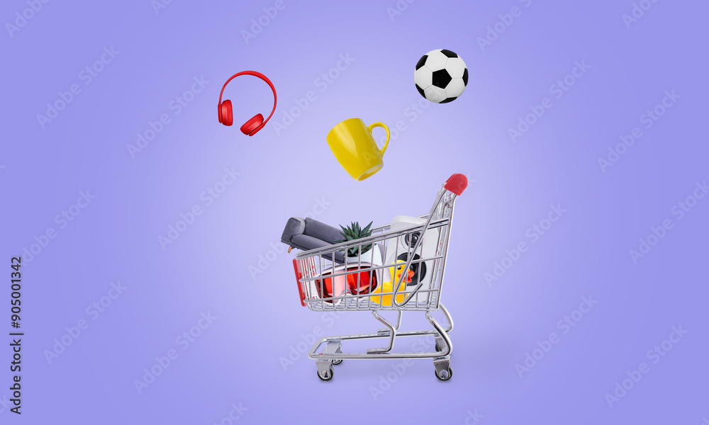 Poster shopping cart with products falling into it. concept of online shopping and consumerism in a digital