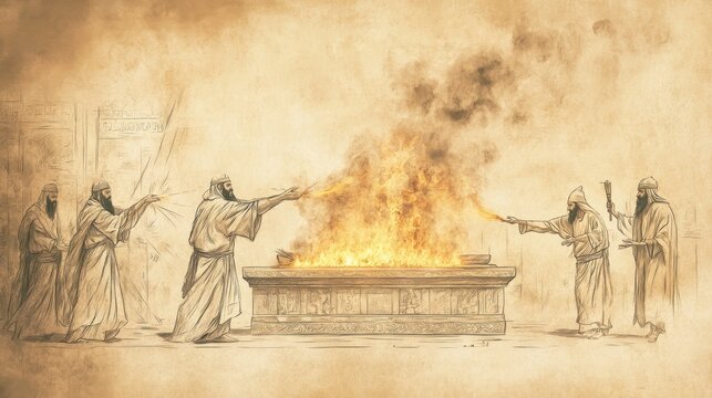 The Altar of Burnt Offering,Priests Preparing Burnt Offering, Altar Ablaze with Smoke Rising to Heavens - Biblical Illustration, Bible Wall Art, Beige Background - Exodus The Altar of Burnt Offering