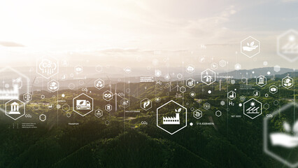 Aerial view of wind farm, wind power generator in green landscape with distributed energy icons....