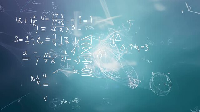 mathematical formulas and geometric figures on the background. Concept: science, education and algebra
