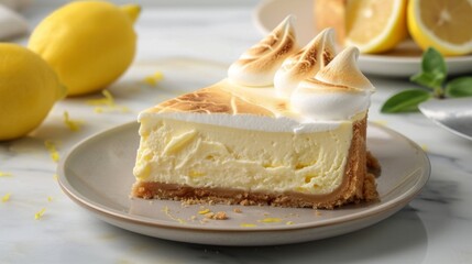 Lemon Meringue Pie Slice on Plate with Lemons in Background