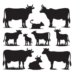 set of cows silhouettes on white	