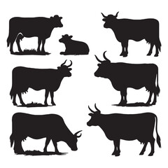 set of cows silhouettes on white	