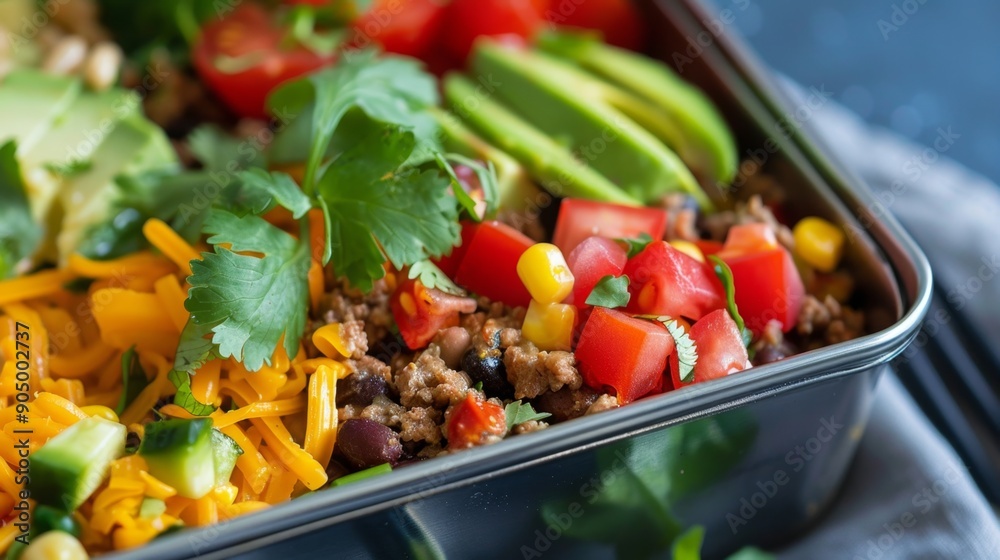 Wall mural Colorful Mediterranean Salad with Fresh Vegetables and Pita Bread. No Cook Taco Salad Bento Box