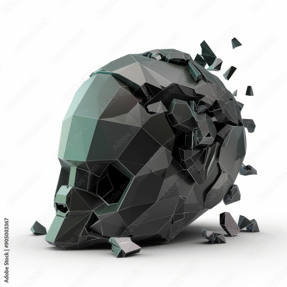 Wall mural 3d render, low poly style of crushed helmet, on isolated white background, generative ai